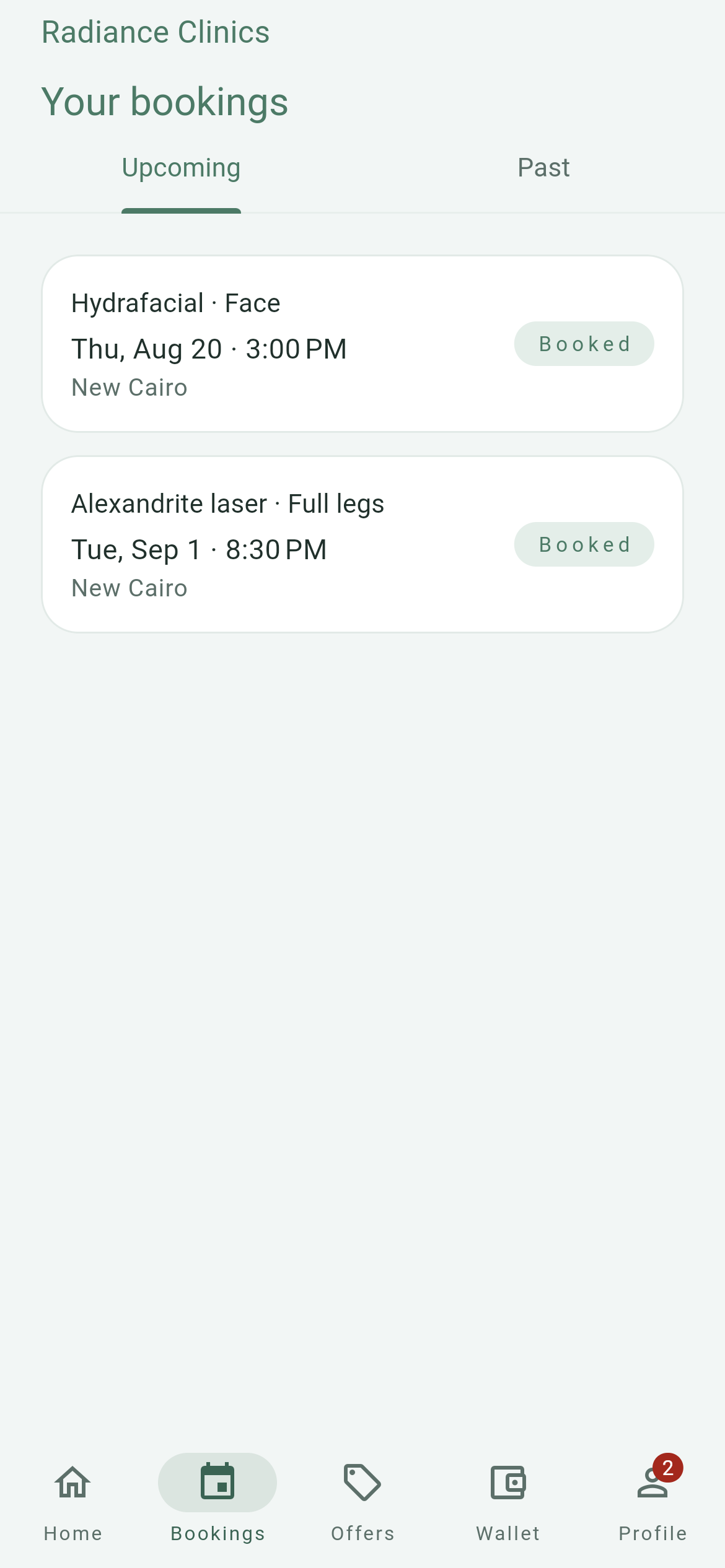 Patient app bookings screen listing upcoming and past appointments.