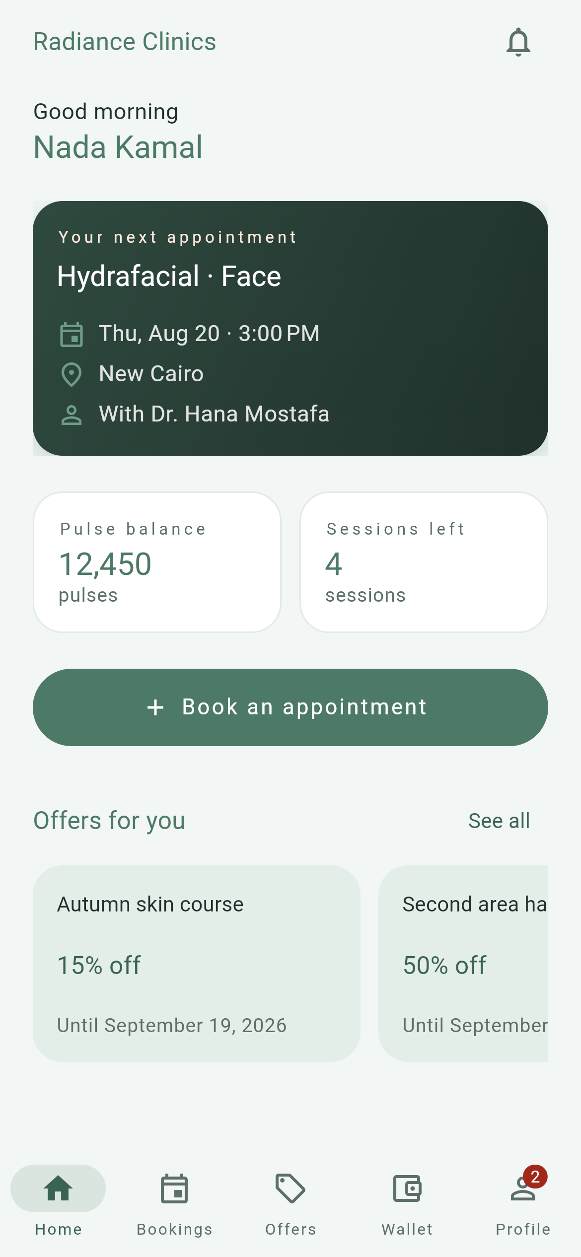 The same appointment in the patient's own app: Hydrafacial, Thursday 20 August at 3:00 PM in New Cairo with Dr. Hana Mostafa, above a pulse balance of 12,450.