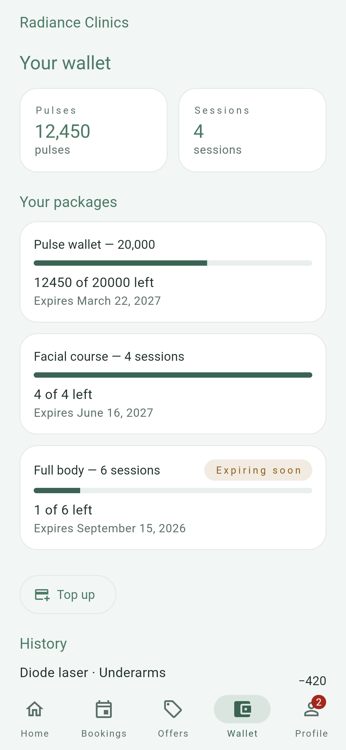 The patient app wallet: a pulse balance of 12,450, session balance of 4, and three packages with progress bars, one marked “Expiring soon”.