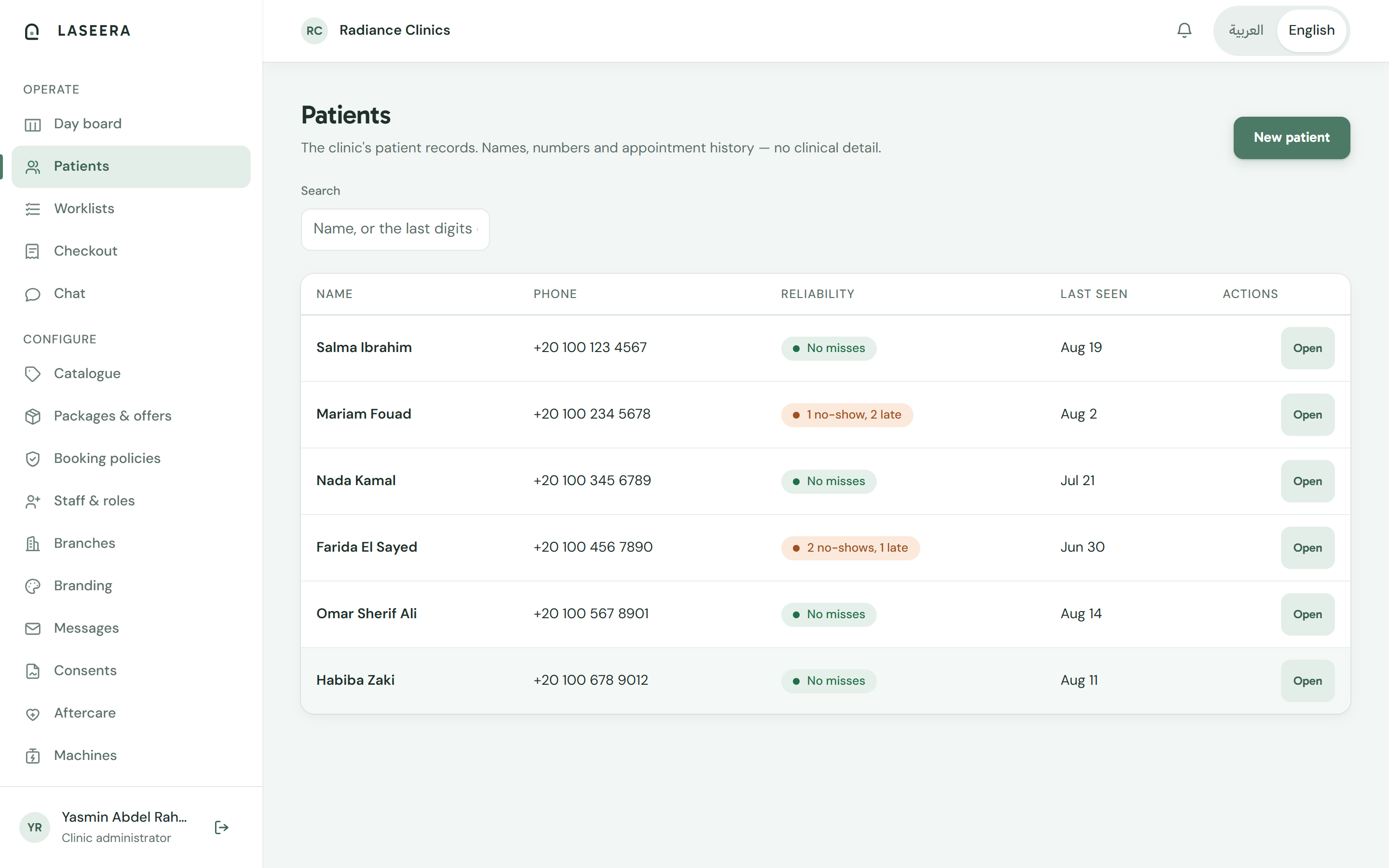 The Laseera patients screen, listing patient records with contact details and their visit history at this clinic.