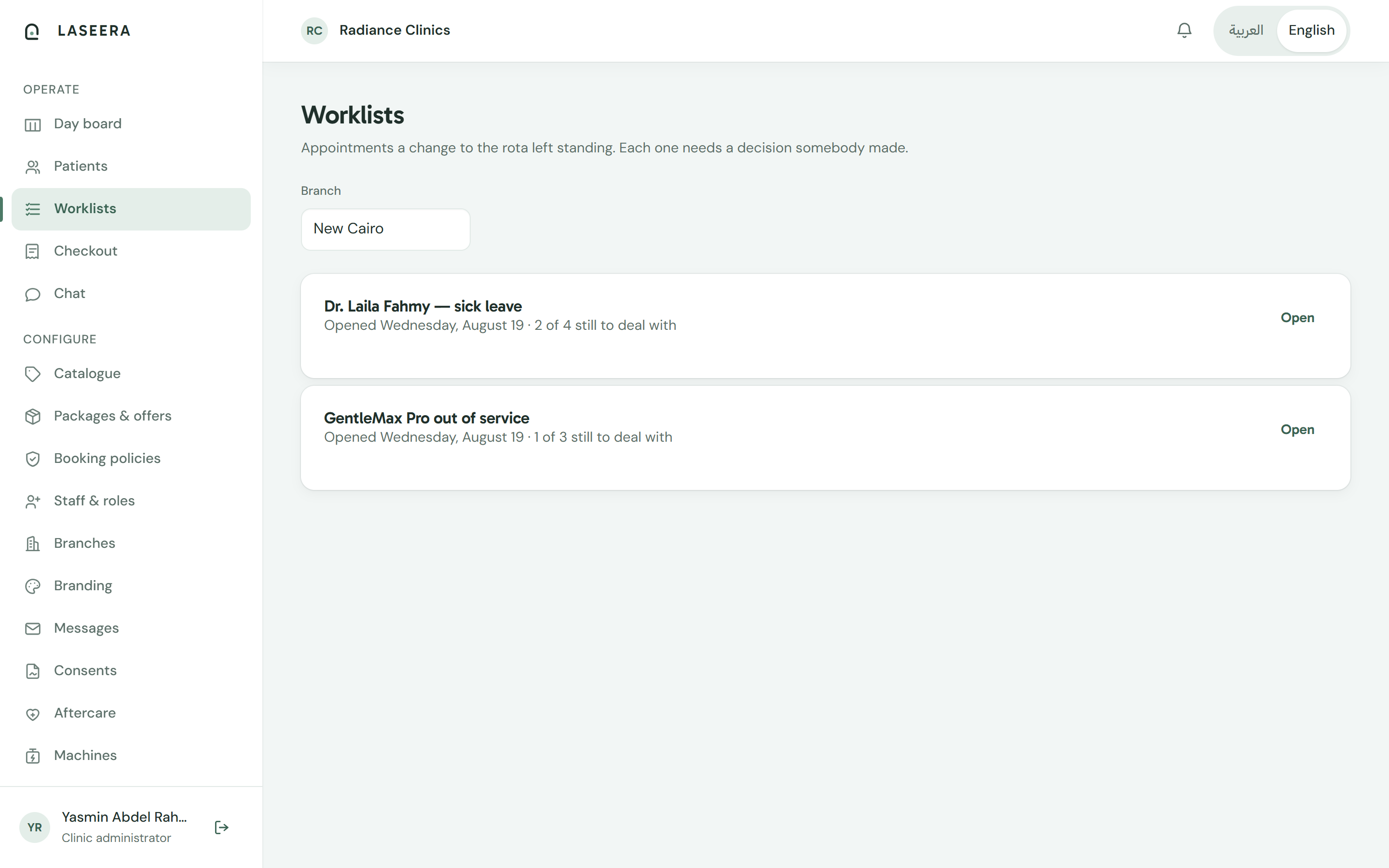 The Laseera worklists screen: two open items — “Dr. Laila Fahmy — sick leave, 2 of 4 still to deal with” and “GentleMax Pro out of service, 1 of 3 still to deal with” — each with an Open action.
